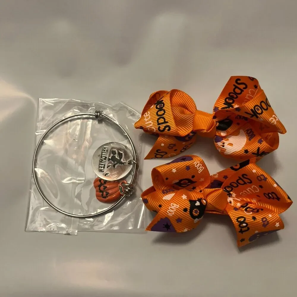 Adorable Kids Girls Halloween Hair Bows And Bracelet Set New Adorable